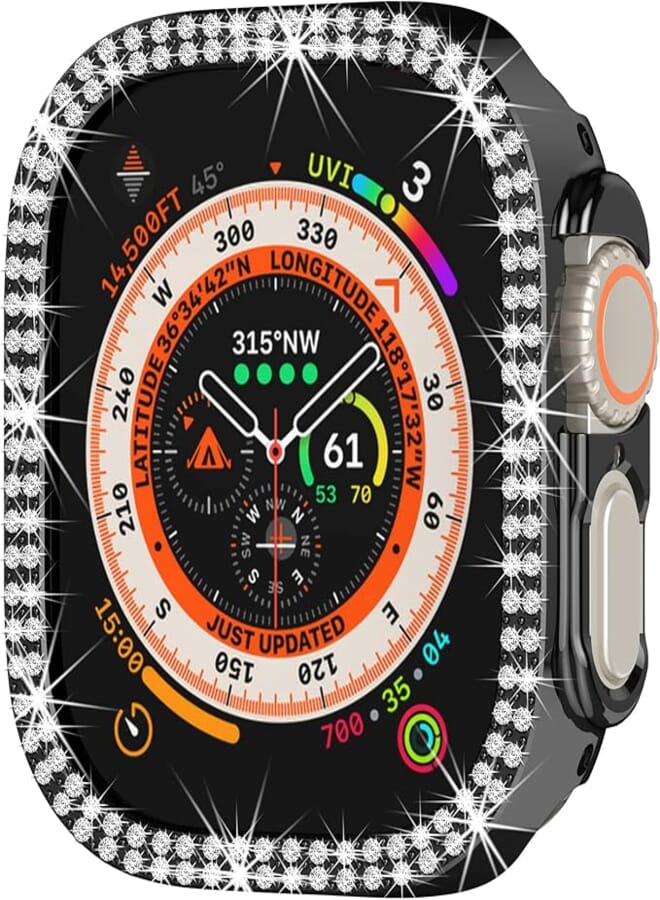 Compatible with Apple Watch Ultra 2 /Apple Watch Ultra 49mm Double Row Bling Diamond Case PC Bumper Protective Cases Women Girls Crystal Shining Rhinestone Cases Smartwatch Accessories Case (Black)